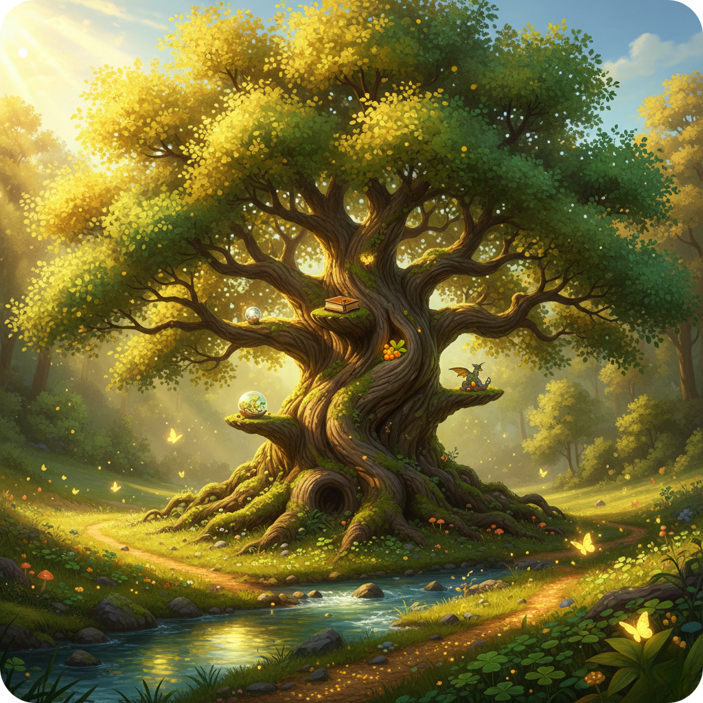Magical enchanted tree with glowing books
