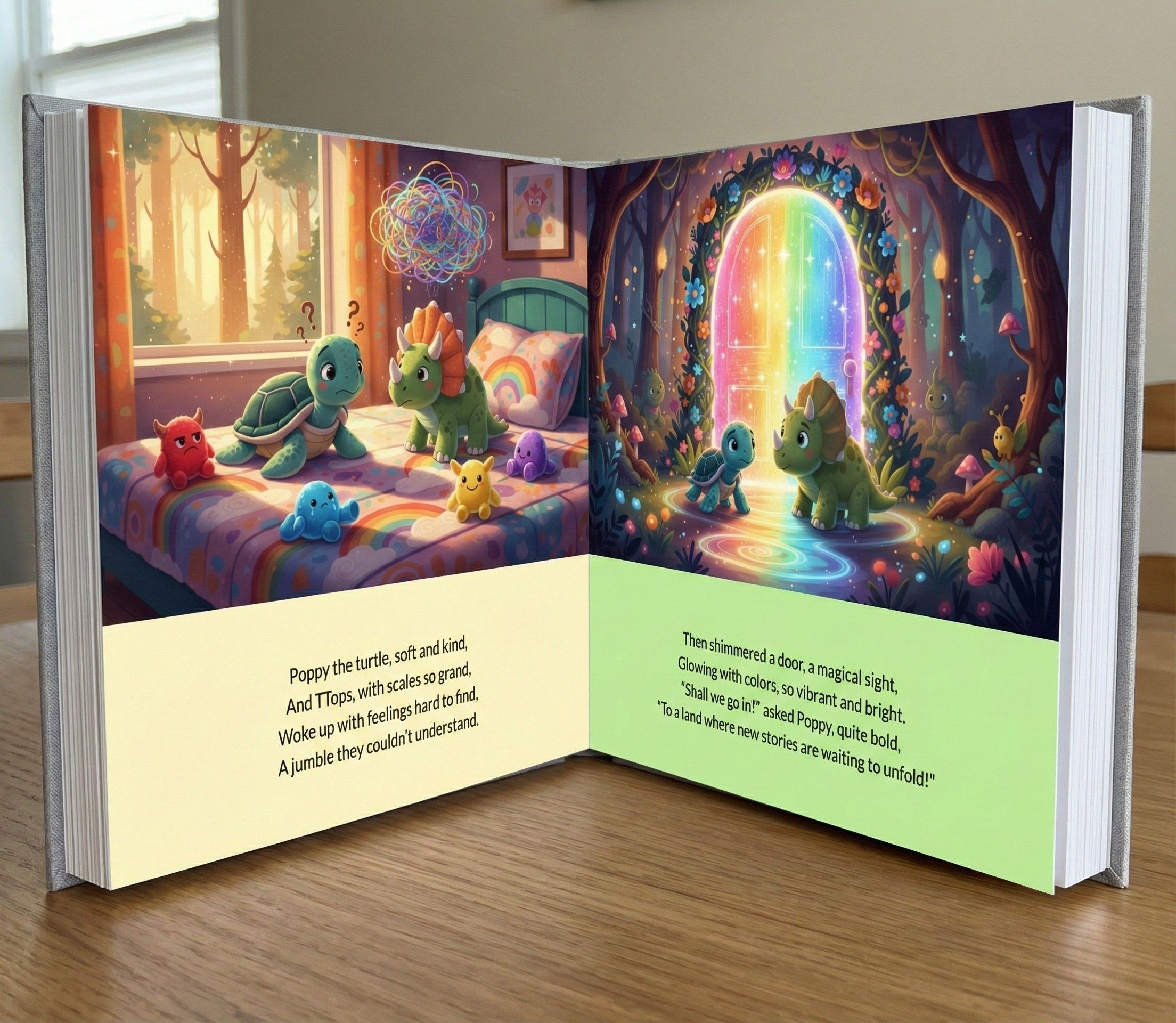 Premium layflat hardcover storybook with pages open flat